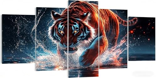 5 Paneles Diamond Painting Tigre, Diamond Painting Niños Animal, 5D Pintura de Diamante Grande, Punto de Cruz Kit Completo, DIY Manualidades Adultos para Decoración Pared Salón 100x60cm W5-475