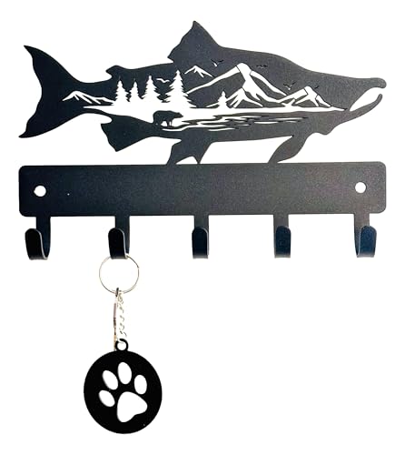 The Metal Peddler Soporte para llaves de salmón con escena de pez y oso, grande de 9 pulgadas de ancho, fabricado en Estados Unidos, montaje en pared con 5 ganchos