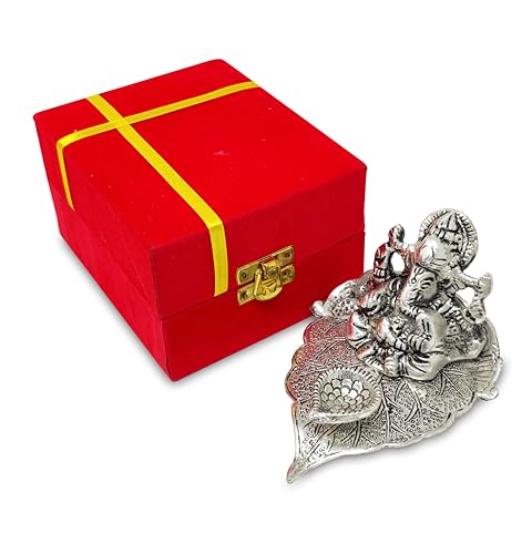 Image of BENGALEN Ganesh Statue Idol German Silver Ganesha on Leaf Diya Oil Lamp with Red Velvet Gift Box Pooja Items Diwali Decoration Puja Gifts Handmade Oil Lamp Traditional Indian Deepawali Gift Items