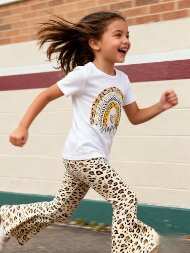 Image of Ayzozuy Kids Toddler Girl Clothes Letter Print Graphic Top + Leopard Print Flare Leg Pants 2PC Summer Clothing Set