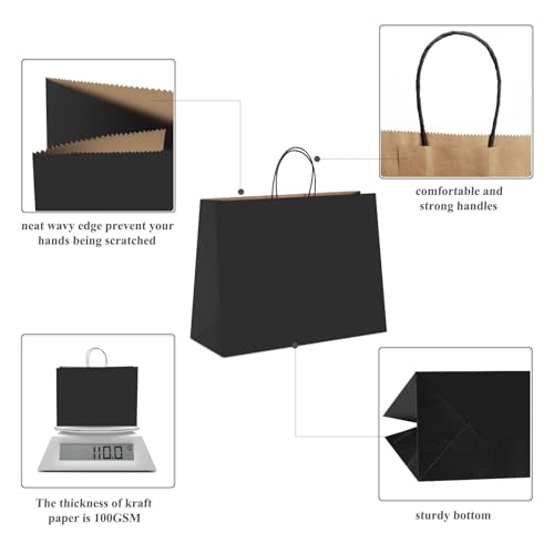 GSSUSA Large Paper Bags with Handles16x6x12 100 Pack, Gift Bag for Small Business, Paper Shopping Bag, Grocery, Food Service Take Out, Large Kraft Paper Bags, Bulk, Black(Made in USA) - Thumbnail 5