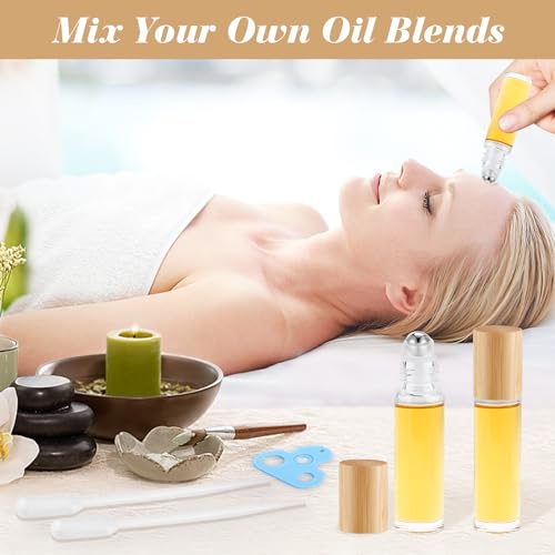 20 Pcs 10ml/0.34oz Roll On Bottles Clear Glass Essential Oil Roller Bottle Refillable Perfume Sample Bottles with Bamboo Lids & Stainless Steel Roller Ball -1 X Opener & 2 X Pipettes4