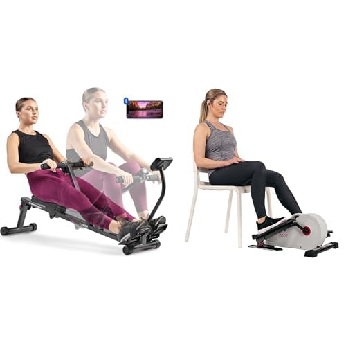 Sunny Health and Fitness Magnetic Under Desk Elliptical Peddler, Portable Mini with Resistance + Smart Compact Adjustable Rowing Machine, 12 Levels Adjustable Resistance, Complete Body Workout