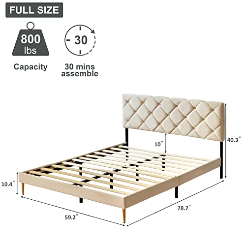 Askmore Full Size Bed Frame,Velvet Upholstered Platform With Headboard And Strong Wooden Slats,Non-Slip And Noise-Free,No Box Spring Needed, Easy Assembly,Beige #TOP1