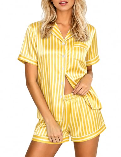 Image of LecGee Womens Silk Satin Pajamas Short Sleeve Loungewear Two-Piece Sleepwear Button-Down Pj Set