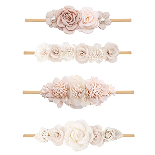 Image of NUWAJP Baby Girl Flower Headband 4 PCS Elastic Hairbands Handmade Nylon Bows Headbands Chic Floral Hair Accessories Kids Gifts for Newborn Infant Toddlers