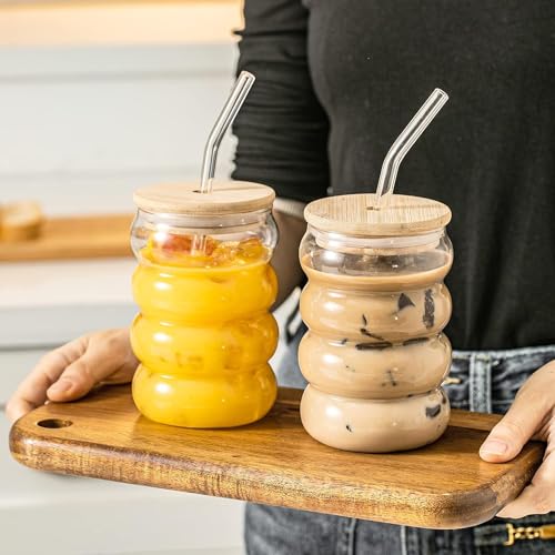 Image of 400ml Glass Sipper Mug with Leather Grip Sleeve - Leak-Proof Lid & Straw | Reusable Tumbler for Hot & Cold Beverages, Water, Juice, Coffee | Home, Bar, Office Use (Wave Shape Mug)