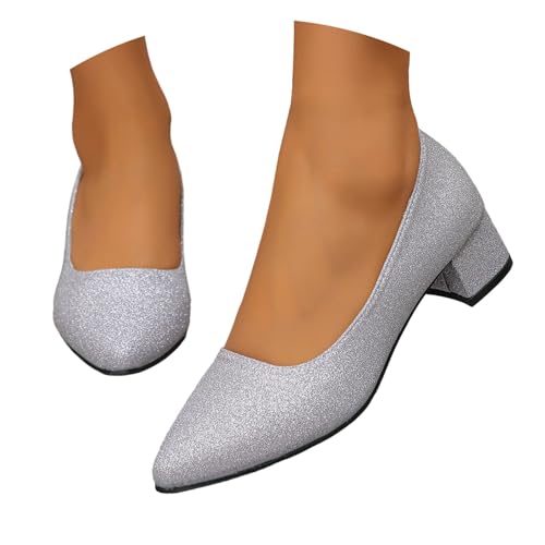Tacón grueso talla grande con lentejuelas punta puntiaguda corte bajo sandalias elegantes para eventos nocturnos
