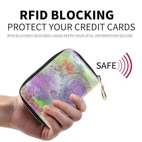 Small RFID Credit Card Holder Wallet with Zipper, Leather Wallet Case for Women Colored Paisley Designs2
