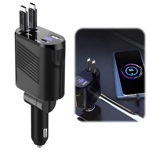 Cargador Coche Carga Rapida 4 en 1 Carga Rápida 120W 12V con 80cm Retráctil Cable PD3.0+Type-C?C+C? Ajuste Libre de 180 Grados Compatible i-Phone/Huawen/X-iaomi/H-onor/Samsumg