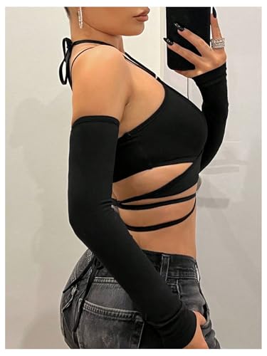 SHENHE Women's Criss Cross Strappy Wrap Crop Top Long Sleeve Halter Sexy Going Out Tshirt3