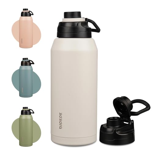 Image of BJPKPK 64 oz Half Gallon Water Bottle, Leakproof Insulated Stainless Jug | Double Wall Vacuum, Keeps Hot /Cold, BPA Free, Dishwasher Safe, Wide Mouth, Spout Lid, Carry Handle, Travel & Hiking, White