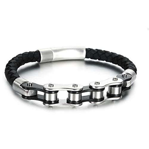 BOLOG Bracelet Homme Acier Inoxydable Chaîne de Vélo Moto Bracelet en Cuir Tressé