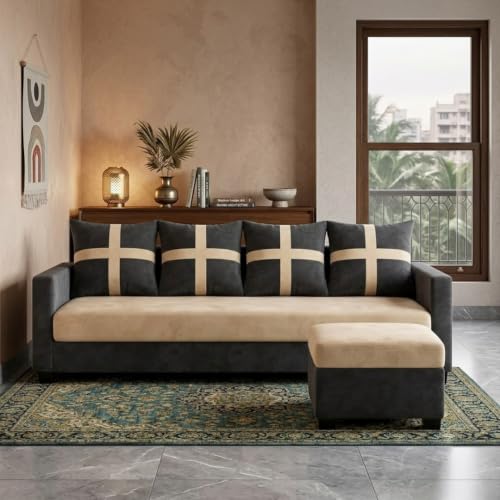 Image of Caviriq 5 Seater L Shape Sofa Set with Movable Ottoman | Flexible Layout | Luxury Velvet Suede Fabric | Modern Living Room Sofa | Dark Grey-Cream