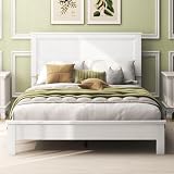 Giantex Wood Full Platform Bed Frame with Headboard, Mid Century Bed Frame with Solid Wood Legs & Wooden Slat Support, No Box Spring Needed, White Bed