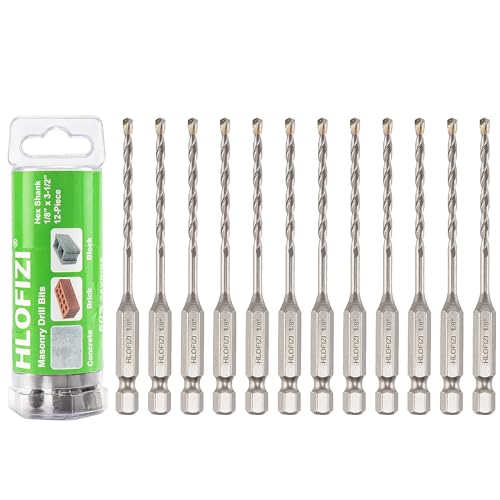 HLOFIZI 1/8" x 3-1/2" Masonry Drill Bits 1/8 inch Concrete Drill Bits Carbide Tipped, for Cement, Brick, Stone, 12 Pack, Hex Shank