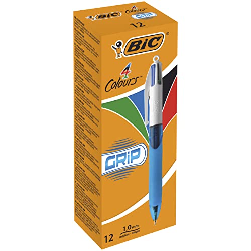 Bic 4 Colours Grip Retractable Ballpoint Pens - Box of 12- Medium Point (1.0 mm) - Extra-Comfort Grip - Translucent Blue Barrel