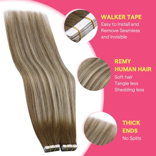 Image of Ve Sunny Hair Tape in Hair Extensions Human Hair | Medium Brown Root to Platinum Blonde Balayage,16Inch 50g 20Pcs,Skin Weft,for Daily Wear