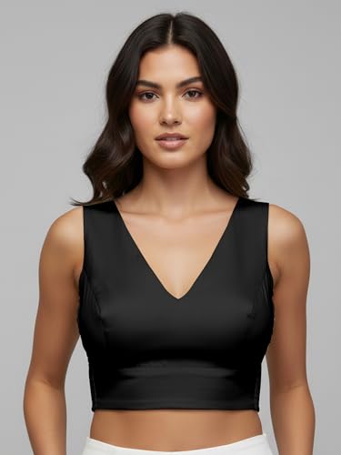 Image of Mehrang V-Neck Taffeta Padded Sleeveless, Back Hook Closure with Smocked Side Panel, String or tie, Readymade Saree Blouse for Women