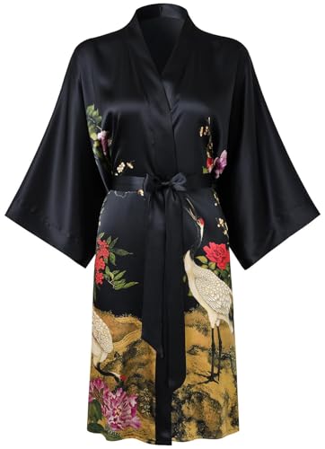 Image of Women's Silk Kimono Robe Short Bathrobe Nightgown 100% Mulberry Silk for Women - Classic Floral Pattern