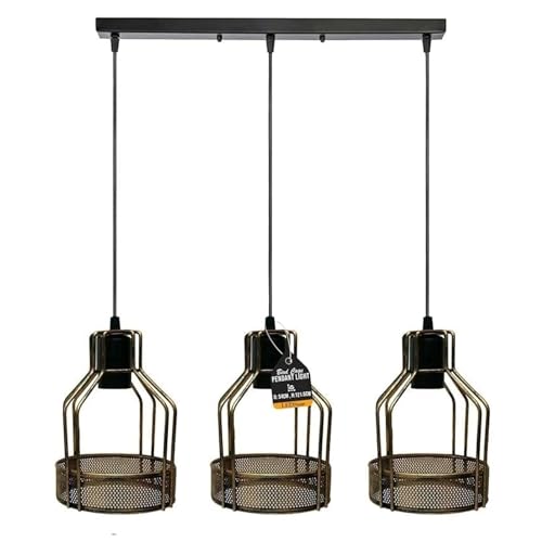 DC VOLTAGE 3 Head Metal Bird Cage 24cm Brushed Copper Pendant Light Industrial E27 95cm Adjustable Cables Rectangular Ceiling Base for Kitchen Dining Room Living Room