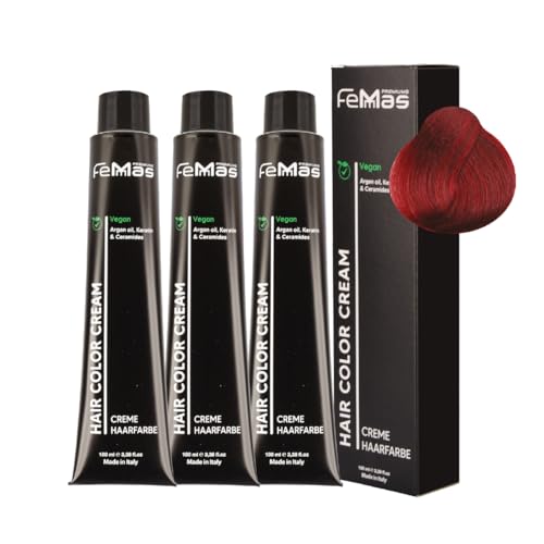 FemMas Haarfarbe 3x Dunkelblond Rot Intensiv 6.66 I Creme Haarfarbe mit Arganöl, Keratin & Ceramiden I dauerthafte Haarfärbung oder Tönung für strahlende Farbergebnisse I 100 ml