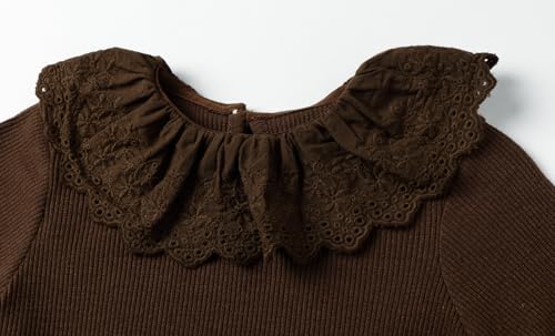 Image of LittleSpring Girls Ribbed Knit Long Sleeve Tshirt with Lace Ruffle Collar
