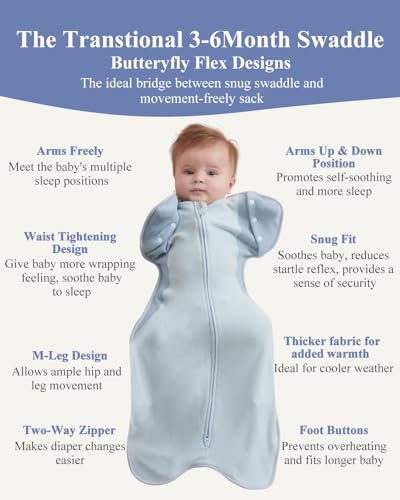 Image of KIDIRA Transitional Swaddle, 2.5 TOG Baby Swaddle 3-6 Months 12-18lb, Arms in /Out Sleep Sack with 2-Way Zipper,Improve Sleep Snug Fit Help Calm Startle Reflex,1 Pack, Blue