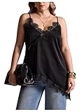 BEAUDRM Women's Plus Size Lace Cami Top Spaghetti Strap Sleeveless V Neck Asymmetrical Going Out Tops Casual Summer Outfits Black X-Large Plus
