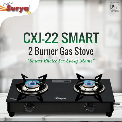 Image of Golden Surya 2 Burner Toughened Glass Gas Stove | Manual Ignition | ISI Certified | LPG Compatible | 18 Months Warranty