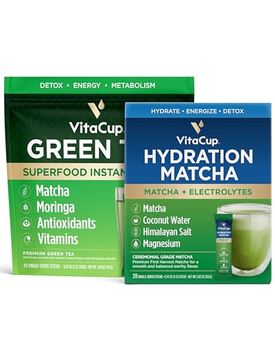 VitaCup Instant Hydration Matcha Packets 20ct & Instant Green Tea