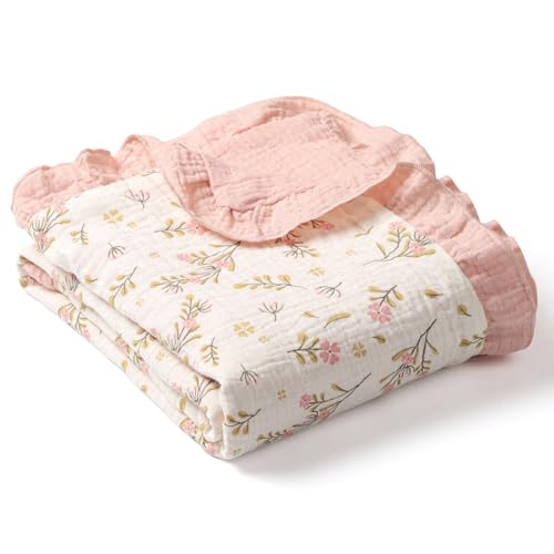 100% Organic Cotton Muslin Baby Blanket Flounce Edge Large 50'x43' Floral, Super Soft Breathable Toddler Quilt Crib Blankets Gender Neutral for Baby...