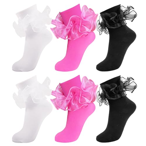 Image of Women Big Ruffle Ankle Socks Adult Double Lace Frilly Turn Cuff Dress Socks Cotton Cute Fancy Bobby Crew Socks
