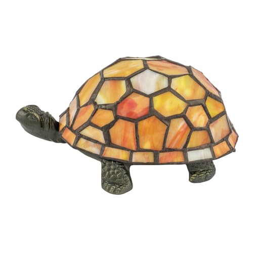 Happy Homewares Quirky Orange and Amber Stained Glass Tiffany Tortoise Table Lamp | Antique Bronze Metal Body | 19cm x 14cm x 10cm