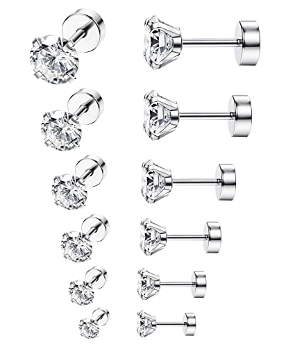 Morfetto 6Paires 18G/20G Acier Inoxydable Oreille Piercing Barbell Goujons Boucles D'Oreilles Ronde Zircon Incrusté Argent Cover