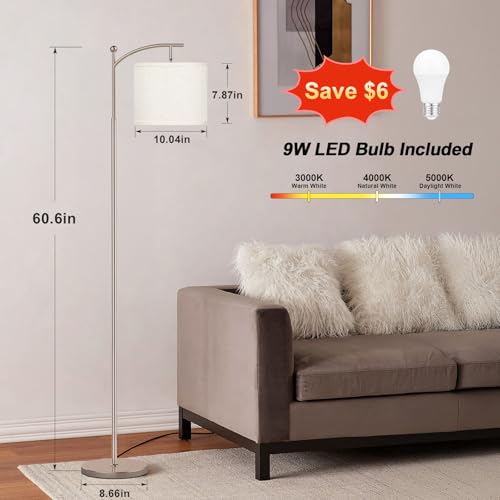 Image of Ambimall 60 inch Floor Lamp for Living Room with 3 Color Temperatures, Adjustable Beige Shade with Light Gold Pole, Tall Lamp for Bedroom Office Classroom Dorm Room, 9W Bulb Included