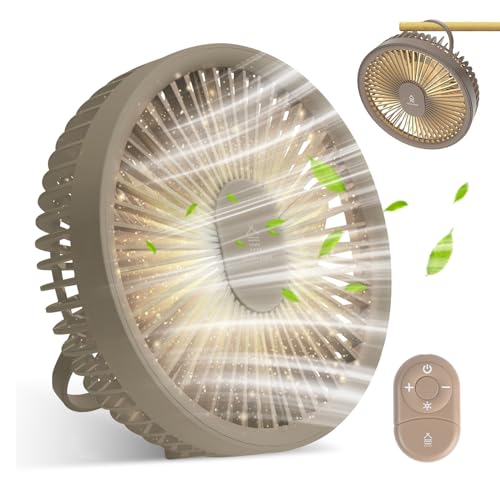 扇風機 卓上扇風機 壁掛け 吊り下げ リモコン付き 1台3役 LED照明機能付き パワフル送風 風量4段階調節 大風量 持ち運び便利 Type-c スピード充電 オフィス寝室 車用 アウトドア キャンプ 熱中症対策【ｈｉｄｅｍａｓａ】 (ブラウン) - ｈｉｄｅｍａｓａ - 商品画像