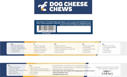 CHEWSTER Käsestangen für Hunde - Kaukäse Hundeknochen - Langer Kauspaß aus natürlicher Milch - Käse-Kauknochen (136 g, S, 4er Pack)