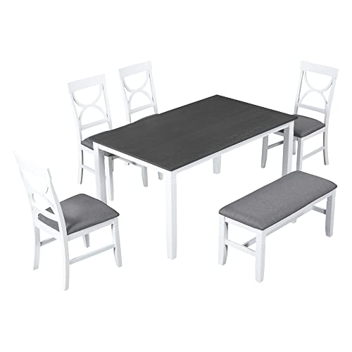 Lumisol 6 Piece Dining Table Set Farmhouse Style Soild Wood Kitchen Dining Set With Chairs And Bench For 6 Persons, Rectangle Table With Upholstered Chair And Bench, Gray+White #TOP3