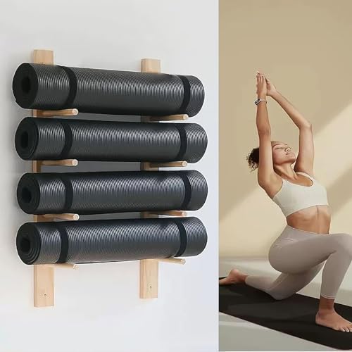Drewniana półka ścienna do przechowywania dywaników do jogi, organizacji siłowni i dekoracji domowej przestrzeni fitness - oszczędność miejsca na sprzęt i akcesoria