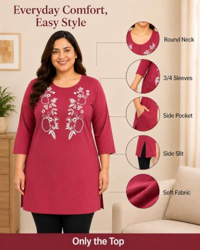 Image of RYSH Women's Plus Size Printed Nightshirt | Round Neck | 3 /4 Sleeve | Relaxed Fit Long Nightwear Top |