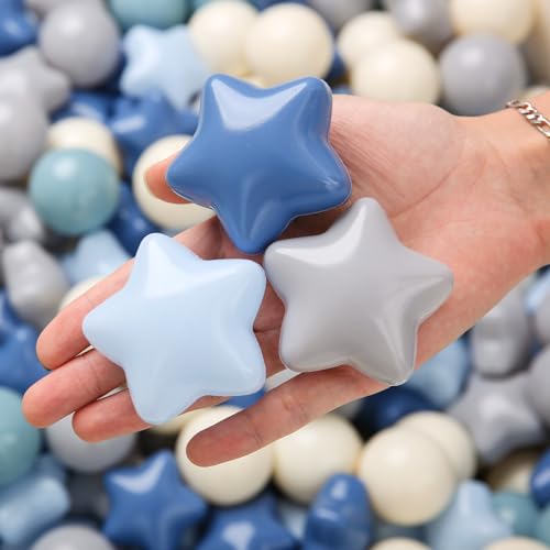 TRENDPLAY Star Ball Pit Balls for Toddlers - 100 Count Star Balls Different Shapes, Non-Toxic Plastic Balls for Safe Play, Boys Girls Festival Party Decoration, Cream Blue