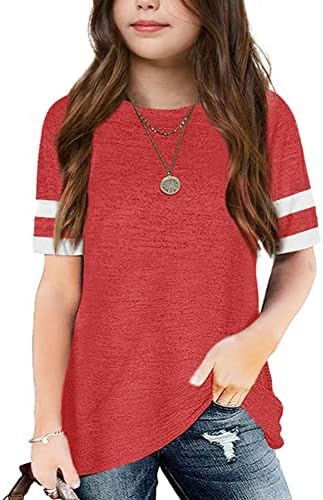 Apbondy Girls T-Shirts Short Sleeve Summer Basic Tees Top Strip Round Neck Tunic Shirt Blouse Red