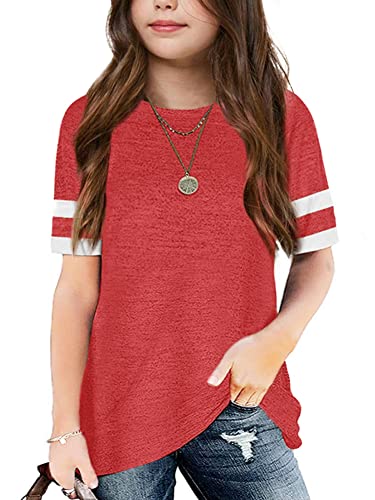Apbondy Girls T-Shirts Short Sleeve Summer Basic Tees Top Strip Round Neck Tunic Shirt Blouse Red #TOP10