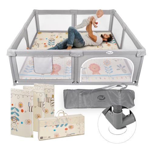 MS Parque XXL + Alfombra de Juegos para Bebé 180 * 200 cm - Doble Cara, Tapete Muy acolchado (1,5cm Grosos), Plegable y con Bolsa de transporte