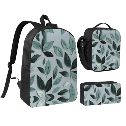 Backpack Set with Lunch Bag & Pencil Case Mint Gray Leaf Print Oxford Fabric Portable Useful Bag Set