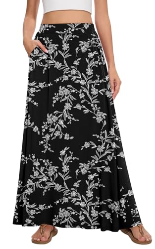 Leafsay Womens Maxi A-line Long Summer Skirt Elastic High Waist Flowy Skirt with Pockets(White Flower Black,L)
