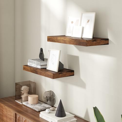 Image of 20 Inch Floating Shelves for Wall, 8 Inch Deep Floating Shelf for Storage & Display, Wall Mounted Shelf with Invisible Brackets for Living Room, Kitchen, Bathroom, Home Decor, Set of 2, Rustic Brown