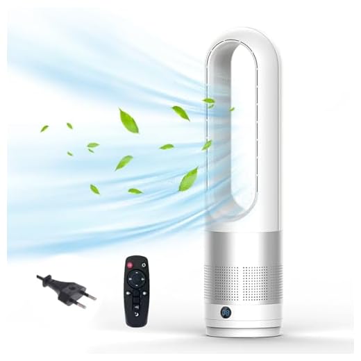 Ventilador de columna, ventilador silencioso con purificador de aire, 18" ventilador sin aspas, 8 velocidades, oscilante a 80° con mando a distancia, temporizador 8h, pantalla LED para salón y