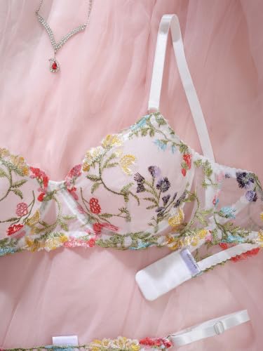 Image of Sexy Floral Embroidered Flower Mesh Underwire Push Up Lingerie Set